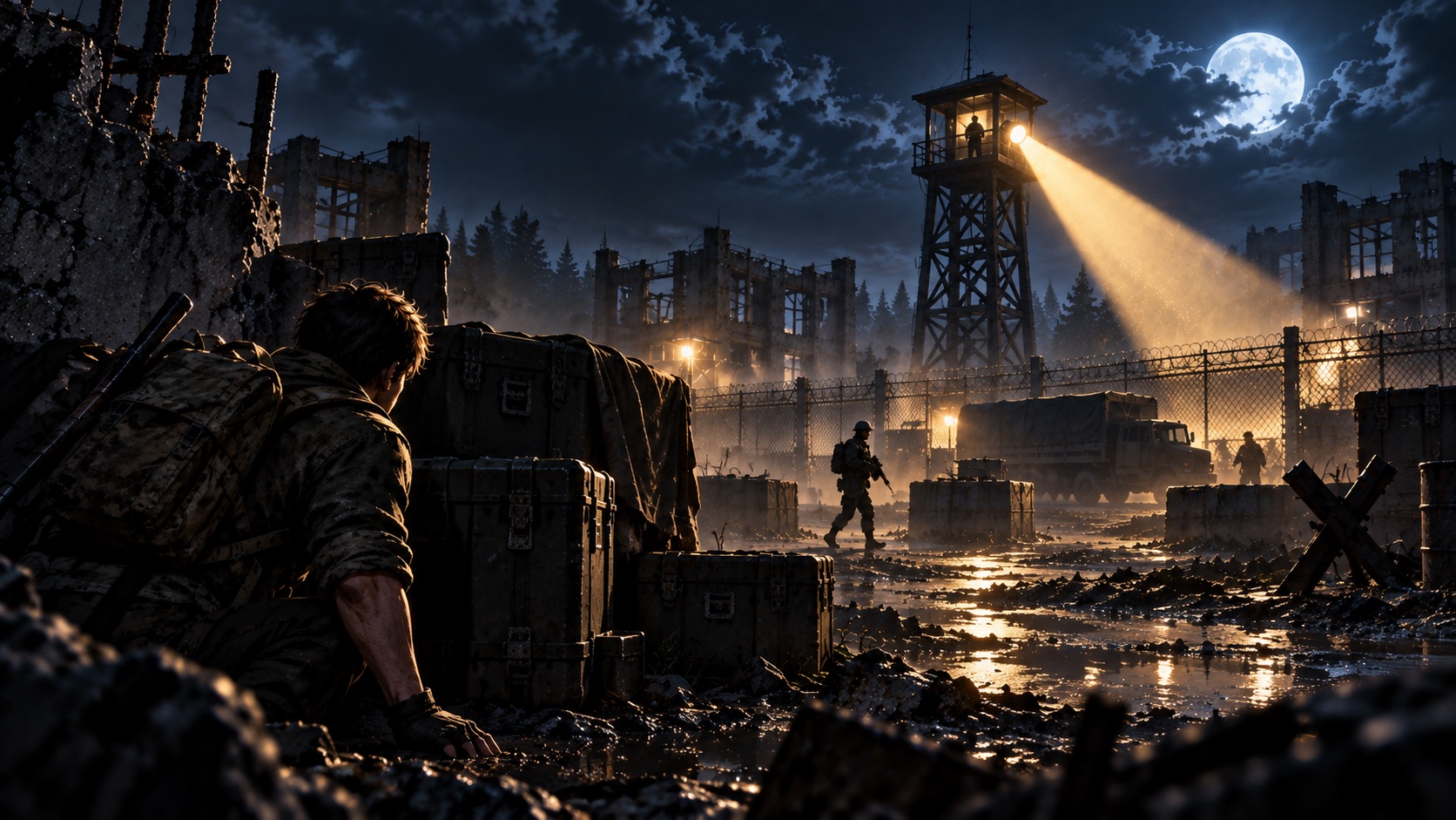 A figure crouches behind cover while a watchtower searchlight scans a ruined compound