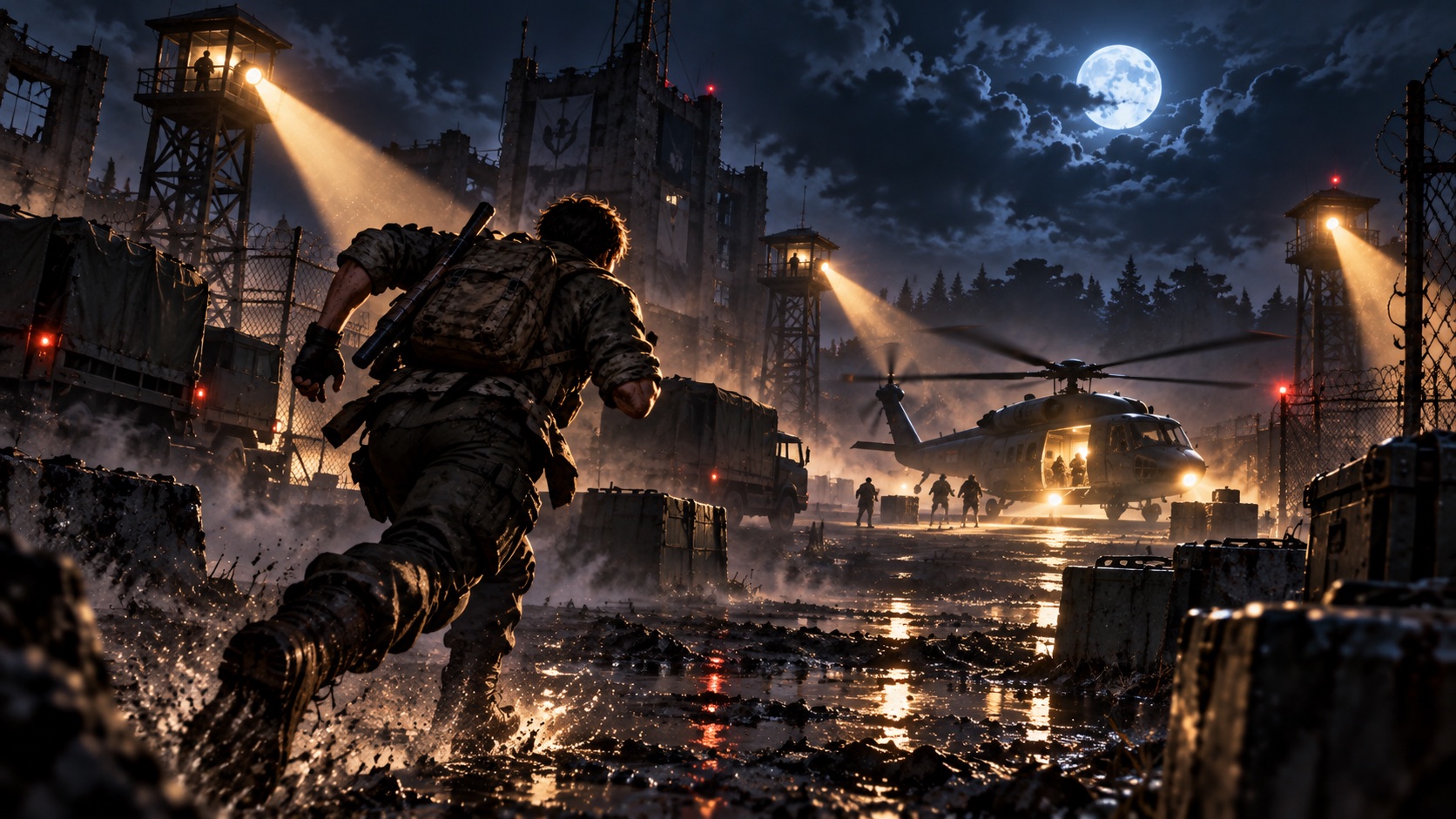 An operative runs through a guarded compound toward extraction