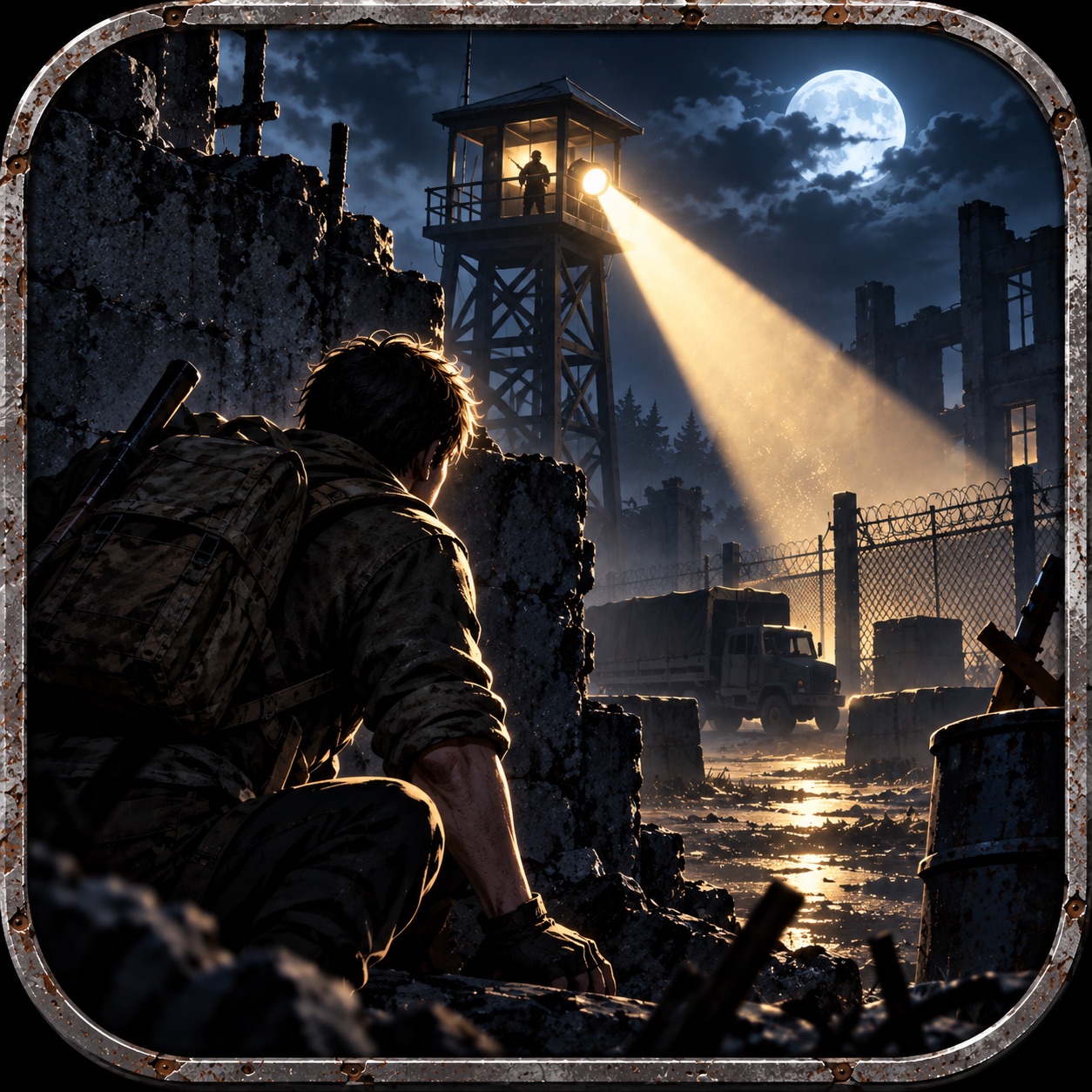 Dark Operation game icon showing an operative avoiding a searchlight